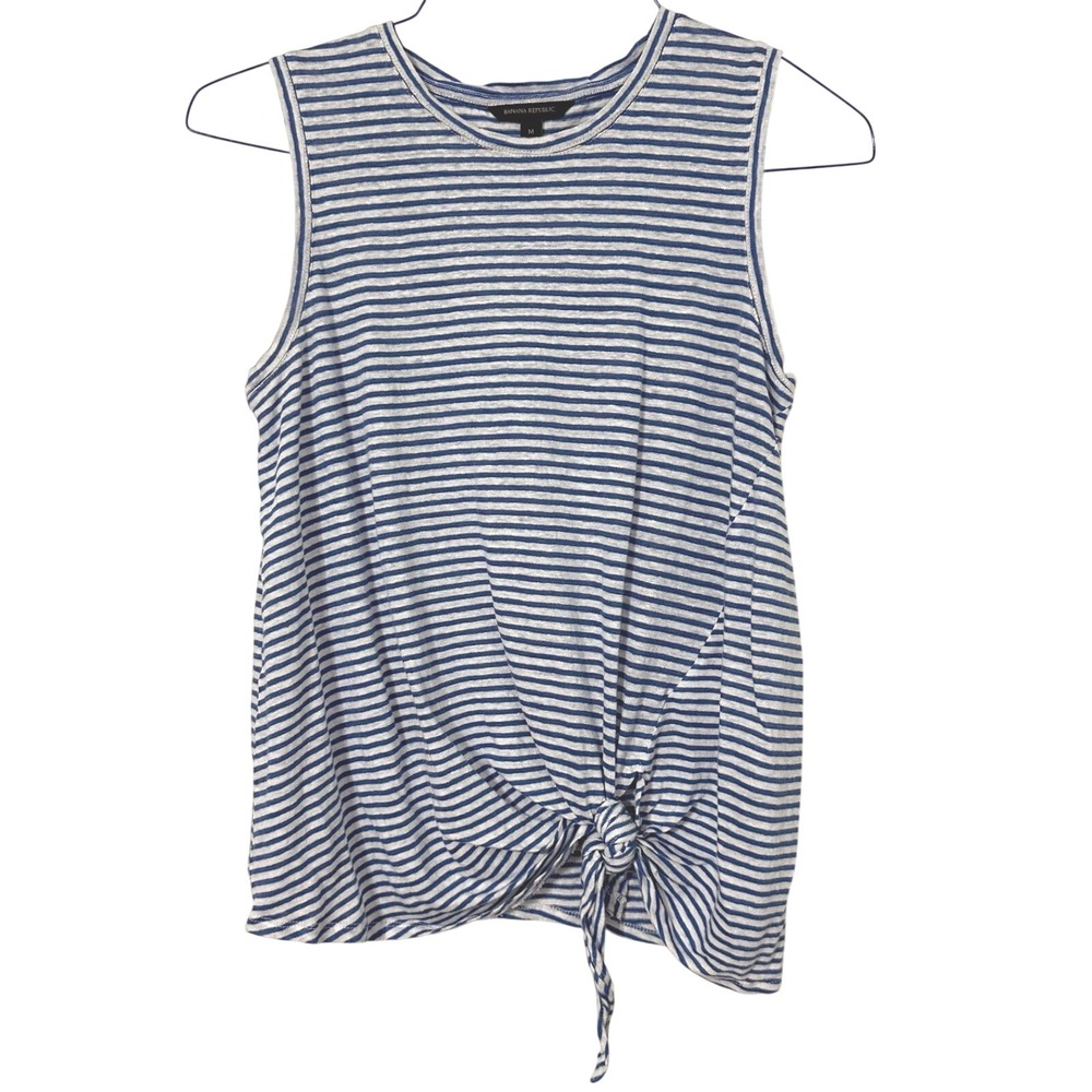 Banana Republic Tank Top Women Blue Striped Linen Front Tie Knot Sleeveless M